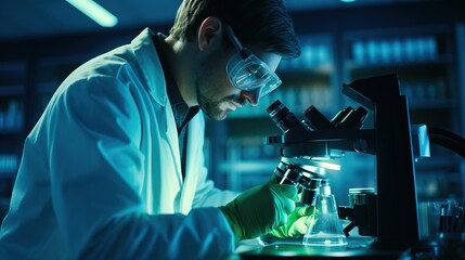 Scientist looking in microscope while working on medical research in science laboratory. Science or healthcare theme. Microbiology pharmaceutical research. Generative AI illustration for cover.
