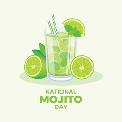 National Mojito Day vector illustration. Glass of mojito cocktail with lime and mint leaves icon vector. Fresh summer alcoholic drink drawing. July 11. Important day