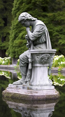 A stone statue of a young man located in a pond.