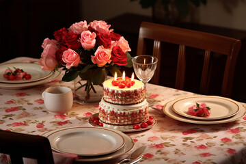 Strawberry topped cake on table decorated with flowers