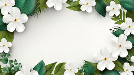 Green leaf and flower frame with white background. Generative Ai