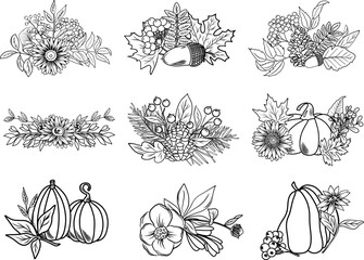 Autumn floral compositions, line art illustration, hand drawn floral arrangements of fall plants (flowers, leaves, acorns, fir cones, pumpkins and branches), vector illustration- 626366917