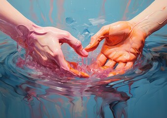 An abstract painting of two hands touching in water, creating a splash. A blend of art and nature, capturing hygiene and care, the blue liquid forms evoke a sense of spa relaxation and summer fun.
