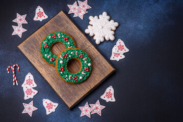 Beautiful festive Christmas gingerbread made by hand with decoration elements