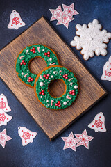 Beautiful festive Christmas gingerbread made by hand with decoration elements