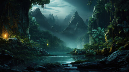 Exotic foggy forest jungle panorama forest oasis foggy dark forest natural forest. Generative Ai