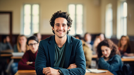 Fototapeta premium Portrait of a smiling young university male student in the classroom. Generative AI