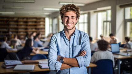 Portrait of a smiling young university male student in the classroom. Generative AI