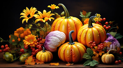 Naklejka na ściany i meble Autumn composition of colorful pumpkins. Generative Ai
