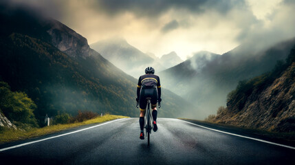 man riding a road bike on a mountain road on a cloudy day