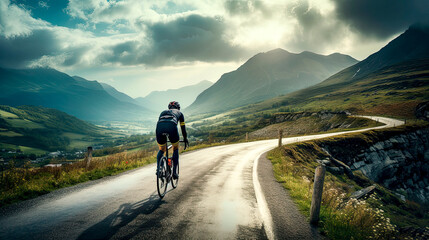 man riding a road bike on a mountain road on a cloudy day - obrazy, fototapety, plakaty