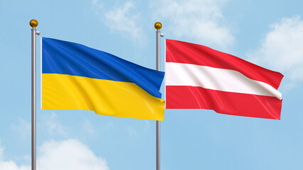 Waving flags of Ukraine and Austria on sky background. Illustrating International Diplomacy, Friendship and Partnership with Soaring Flags against the Sky. 3D illustration.