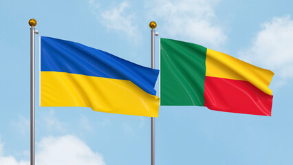 Waving flags of Ukraine and Benin on sky background. Illustrating International Diplomacy, Friendship and Partnership with Soaring Flags against the Sky. 3D illustration.