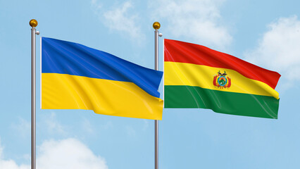Waving flags of Ukraine and Bolivia on sky background. Illustrating International Diplomacy, Friendship and Partnership with Soaring Flags against the Sky. 3D illustration.