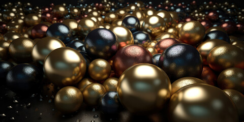 Golden, metallic confetti background. Banner with spheres, particles, decorative element. Flat lay. Place for text. Holidays celebration cover. Generative ai
