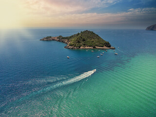 aerial view at dawn of the islet on the sea coast of monte argentario tuscany