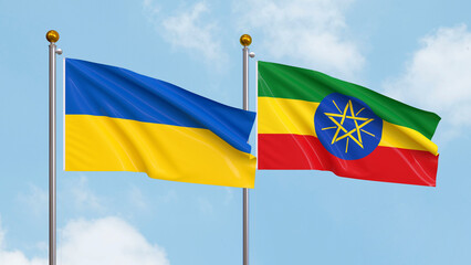 Waving flags of Ukraine and Ethiopia on sky background. Illustrating International Diplomacy, Friendship and Partnership with Soaring Flags against the Sky. 3D illustration.