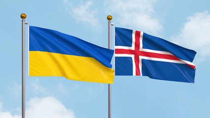 Waving flags of Ukraine and Iceland on sky background. Illustrating International Diplomacy, Friendship and Partnership with Soaring Flags against the Sky. 3D illustration.
