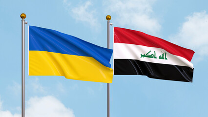 Waving flags of Ukraine and Iraq on sky background. Illustrating International Diplomacy, Friendship and Partnership with Soaring Flags against the Sky. 3D illustration.