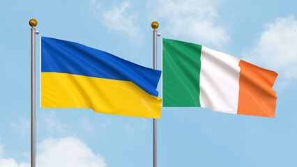 Waving flags of Ukraine and Ireland on sky background. Illustrating International Diplomacy, Friendship and Partnership with Soaring Flags against the Sky. 3D illustration.