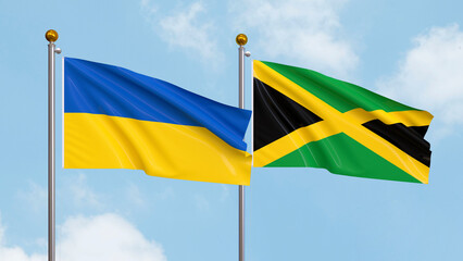 Waving flags of Ukraine and Jamaica on sky background. Illustrating International Diplomacy, Friendship and Partnership with Soaring Flags against the Sky. 3D illustration.