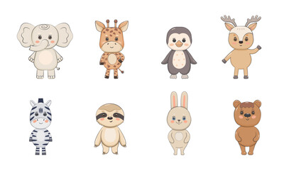 Fototapeta premium Set of cartoon cute animals with stroke. Zebra bear hare elephant giraffe deer penguin sloth standing. Vector illustration for kids designs.