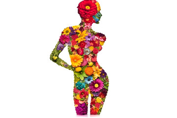 Woman body made of flowers on light studio background. Isolated natural character design concept