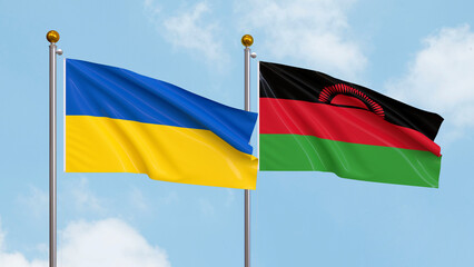 Waving flags of Ukraine and Malawi on sky background. Illustrating International Diplomacy, Friendship and Partnership with Soaring Flags against the Sky. 3D illustration.