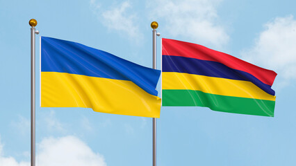 Waving flags of Ukraine and Mauritius on sky background. Illustrating International Diplomacy, Friendship and Partnership with Soaring Flags against the Sky. 3D illustration.