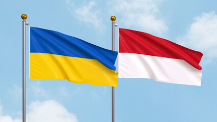 Waving flags of Ukraine and Monaco on sky background. Illustrating International Diplomacy, Friendship and Partnership with Soaring Flags against the Sky. 3D illustration.
