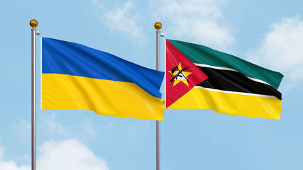 Waving flags of Ukraine and Mozambique on sky background. Illustrating International Diplomacy, Friendship and Partnership with Soaring Flags against the Sky. 3D illustration.
