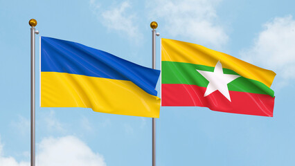 Waving flags of Ukraine and Myanmar on sky background. Illustrating International Diplomacy, Friendship and Partnership with Soaring Flags against the Sky. 3D illustration.