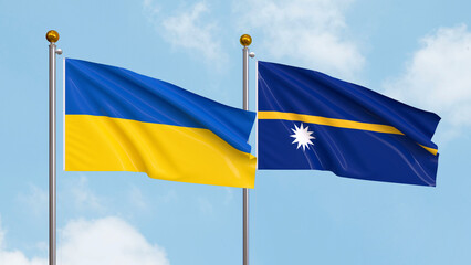 Waving flags of Ukraine and Nauru on sky background. Illustrating International Diplomacy, Friendship and Partnership with Soaring Flags against the Sky. 3D illustration.