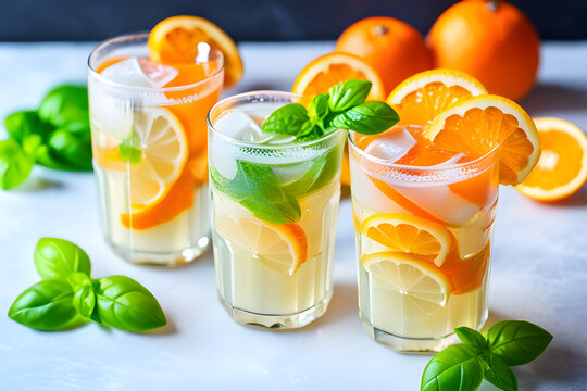 Orange lemonade with ice and basil in glasses on a white background.