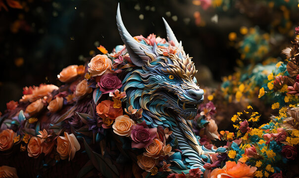 Fantasy floral dragon on a colorful floral background.