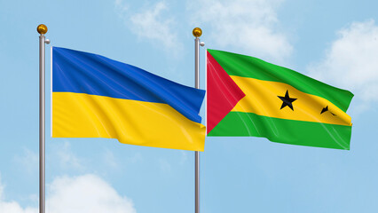 Waving flags of Ukraine and Sao Tome and Principe on sky background. Illustrating International Diplomacy, Friendship and Partnership with Soaring Flags against the Sky. 3D illustration.