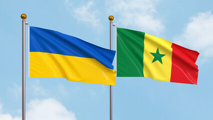 Waving flags of Ukraine and Senegal on sky background. Illustrating International Diplomacy, Friendship and Partnership with Soaring Flags against the Sky. 3D illustration.