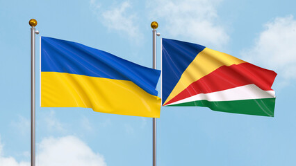 Waving flags of Ukraine and Seychelles on sky background. Illustrating International Diplomacy, Friendship and Partnership with Soaring Flags against the Sky. 3D illustration.
