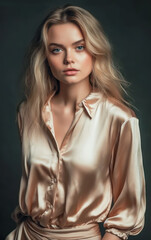 Naklejka premium Beautiful girl. Fashionable and stylish woman inbeige clothes. Fashion look, beauty and style. Natural makeup, easy styling