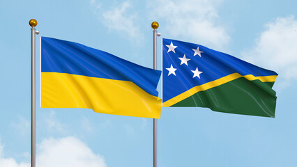 Waving flags of Ukraine and Solomon Islands on sky background. Illustrating International Diplomacy, Friendship and Partnership with Soaring Flags against the Sky. 3D illustration.