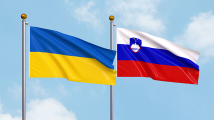 Waving flags of Ukraine and Slovenia on sky background. Illustrating International Diplomacy, Friendship and Partnership with Soaring Flags against the Sky. 3D illustration.