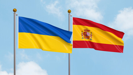 Waving flags of Ukraine and Spain on sky background. Illustrating International Diplomacy, Friendship and Partnership with Soaring Flags against the Sky. 3D illustration.