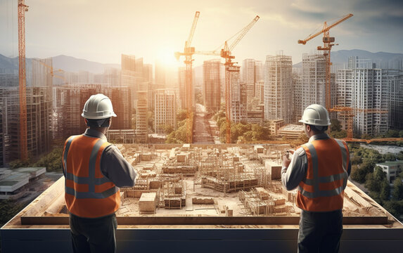 Asian two business man construction engineers supervising progress of construction project at