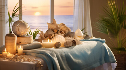 A coastal-themed massage salon with seashell decor and coastal-scented candles, bringing the beachside tranquility indoors Generative AI