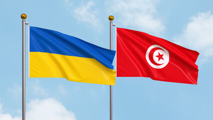 Waving flags of Ukraine and Tunisia on sky background. Illustrating International Diplomacy, Friendship and Partnership with Soaring Flags against the Sky. 3D illustration.