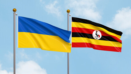 Waving flags of Ukraine and Uganda on sky background. Illustrating International Diplomacy, Friendship and Partnership with Soaring Flags against the Sky. 3D illustration.