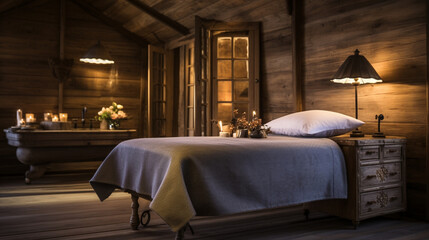 A rustic massage cabin with wooden accents and vintage candle lanterns, embracing a cozy and nostalgic charm Generative AI