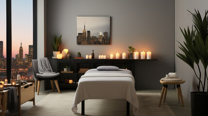 An urban oasis massage room with cityscape wall art and urban chic candle decor, providing an escape from the hustle and bustle Generative AI