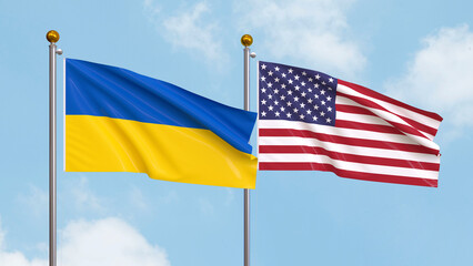 Waving flags of Ukraine and USA on sky background. Illustrating International Diplomacy, Friendship and Partnership with Soaring Flags against the Sky. 3D illustration.