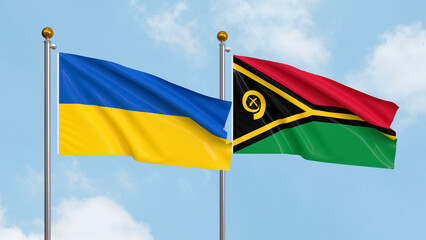 Waving flags of Ukraine and Vanuatu on sky background. Illustrating International Diplomacy, Friendship and Partnership with Soaring Flags against the Sky. 3D illustration.